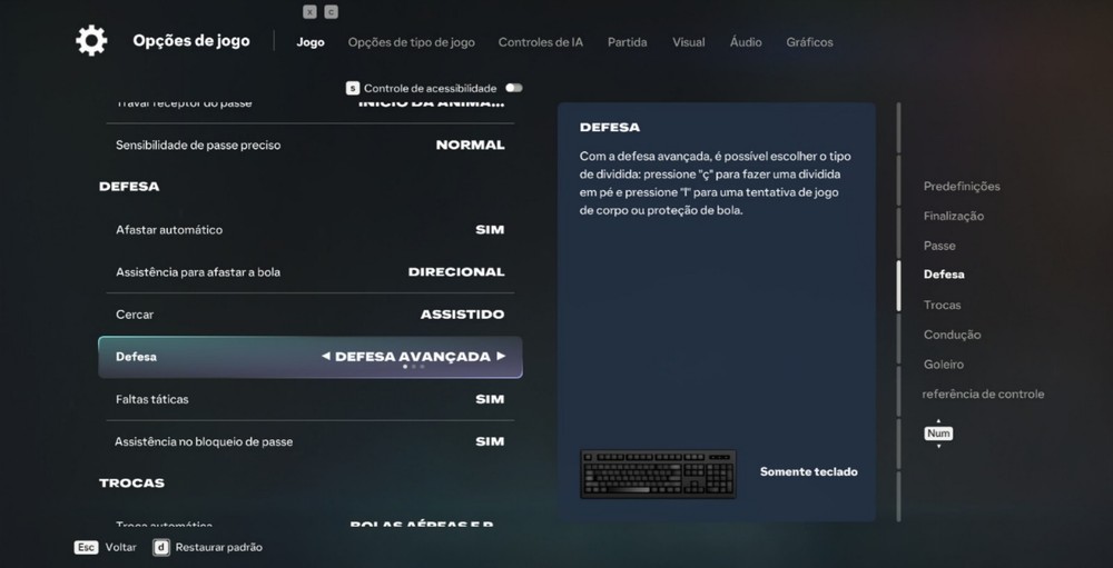 EA FC 27 tem vários estilos de defesa disponíveis durante partidas — Foto: Reprodução/Róbson Martins