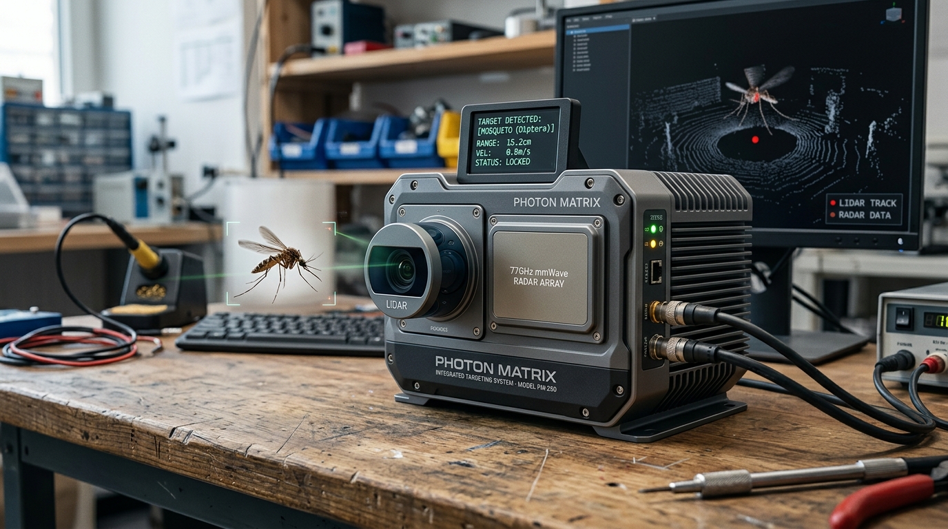 Laser guiado por inteligência artificial que abate mosquito em pleno voo: o Photon Matrix usa LiDAR e radar para identificar o inseto e derrubá-lo a até 6 metros, já está em pré-venda e levanta a dúvida que todo mundo faz na hora, o que acontece se alguém passar na frente do feixe