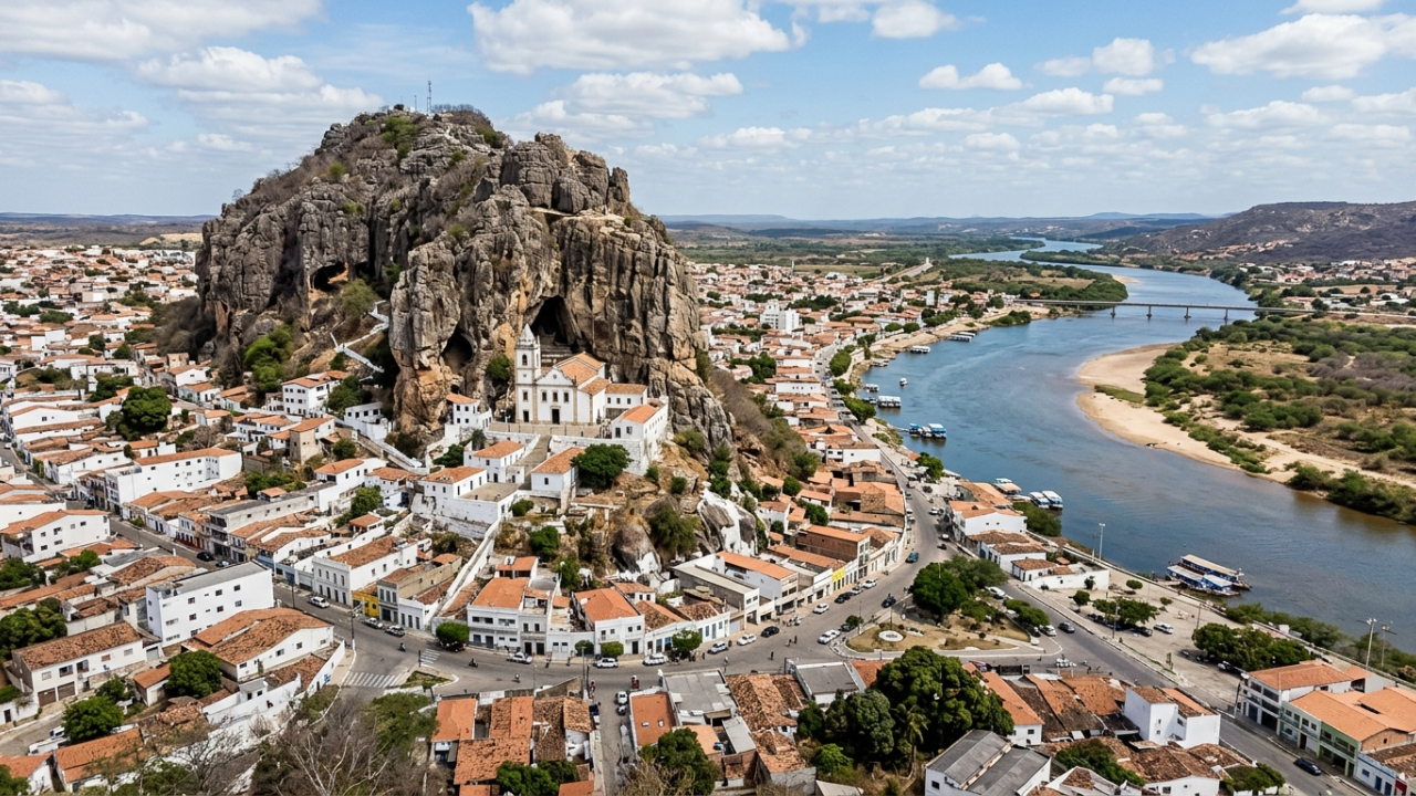 Às margens do São Francisco, uma cidade cresceu ao redor de um enorme morro de pedra onde grutas naturais abrigam igrejas e um dos grandes santuários do interior brasileiro