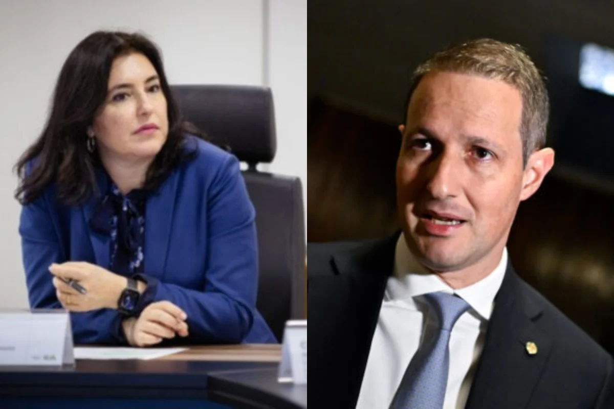 Colagem colorida de Simone Tebet ao lado de Guilherme Derrite - Metrópoles