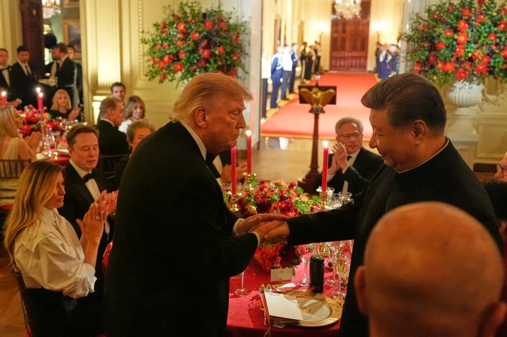 President Donald Trump shakes hands with China's President Xi Jinping in the East Room of the White House during a State Dinner, Thursday, Sept. 24, 2026, in Washington. (AP)
