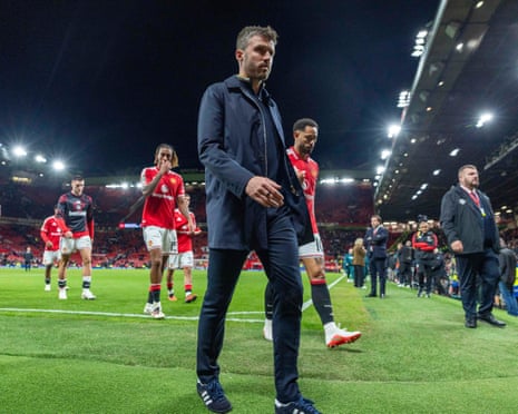 Michael Carrick walks off the pitch after Manchester United’s 3-2 defeat by Brighton at Old Trafford