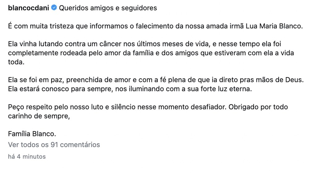 Postagem da Família Blanco — Foto: Reprodução/Instagram