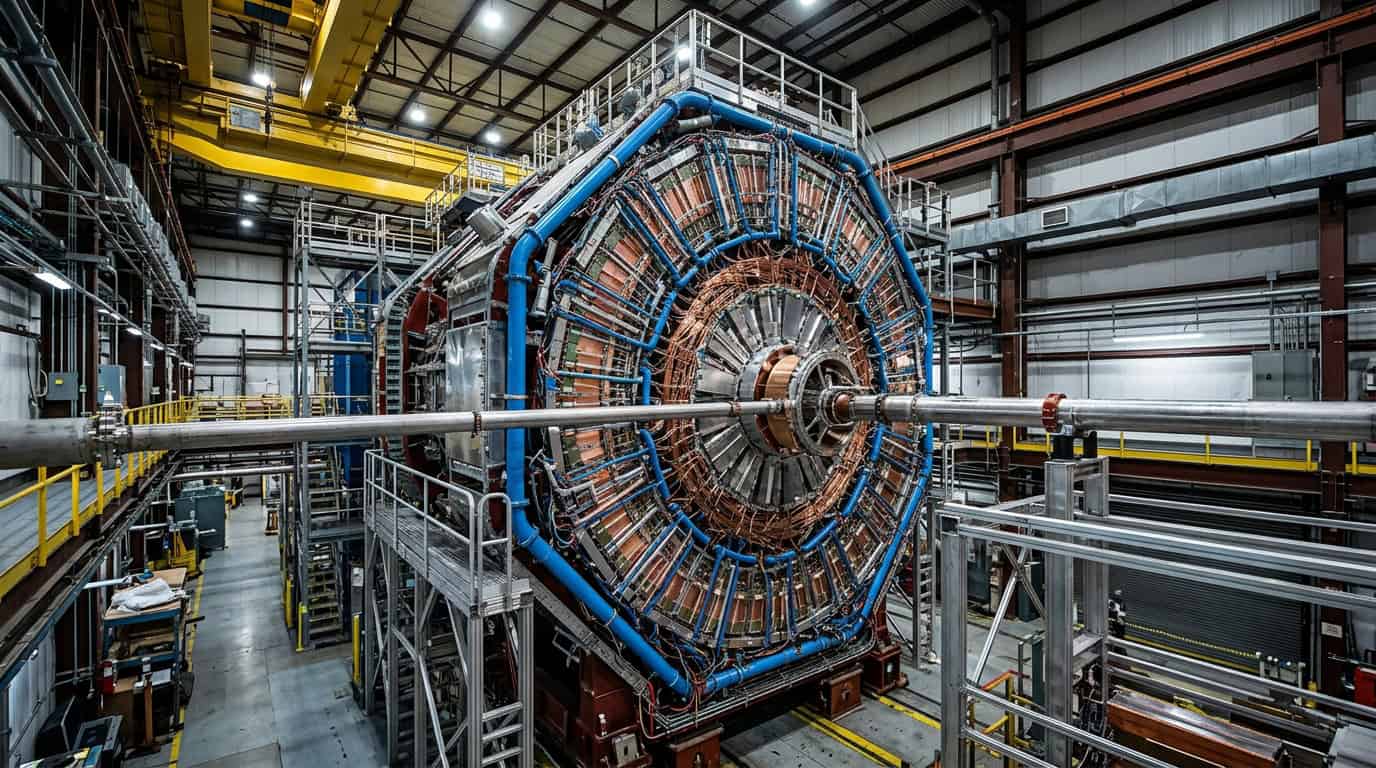 O impressionante detector de partículas STAR por dentro, com sua estrutura circular de três andares composta por fiações complexas, tubos e sensores de alta tecnologia.