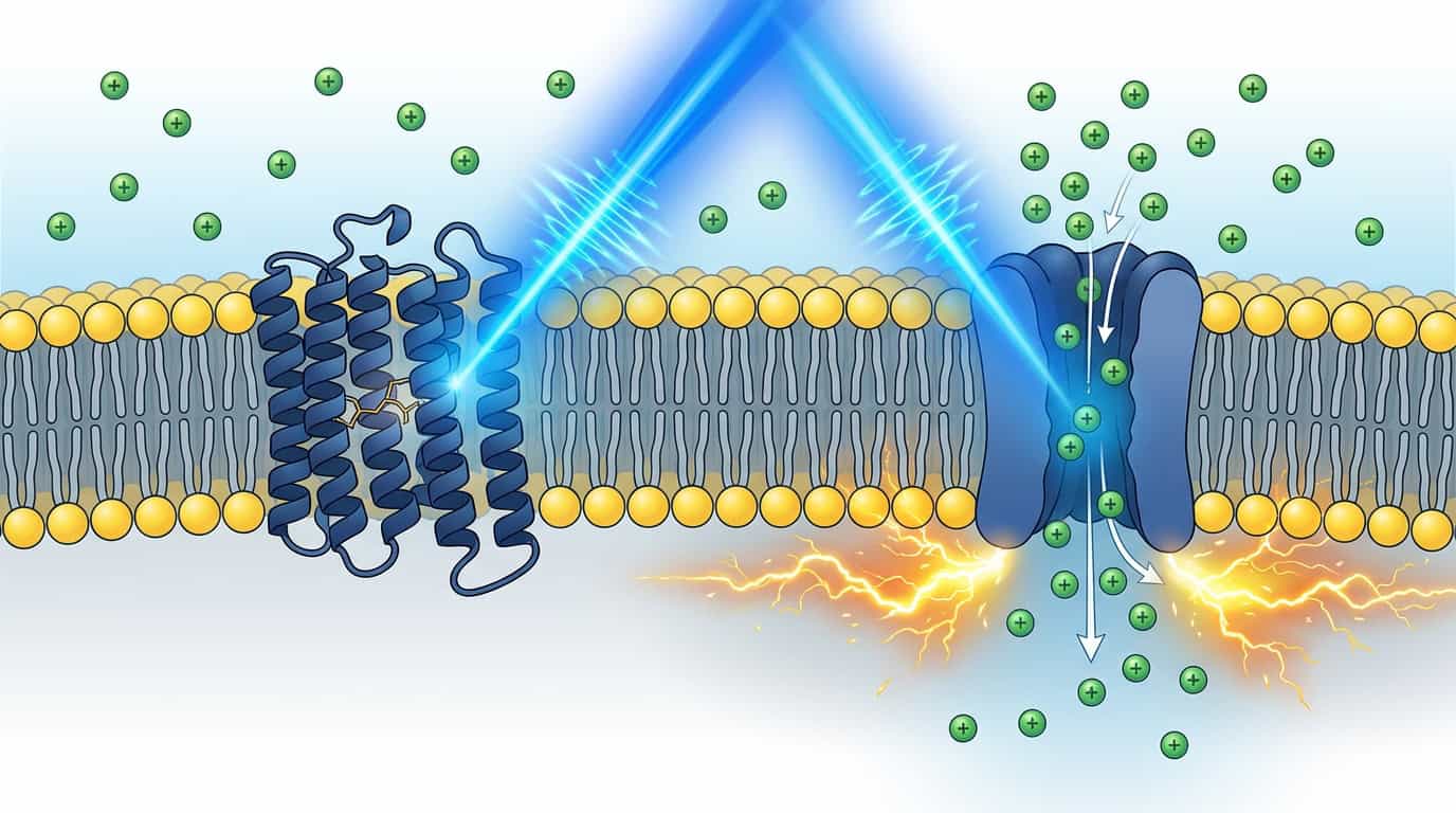 "Luz que controla células: Quando o feixe de luz azul atinge a proteína na superfície da célula, ela funciona como um 'interruptor'. O canal se abre, íons entram e um sinal elétrico é disparado.
