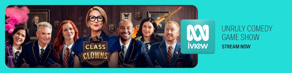 8 comedians in school blazers at desk with a Class Clowns plaque banner reading Unruly Comedy Game Show Stream Now