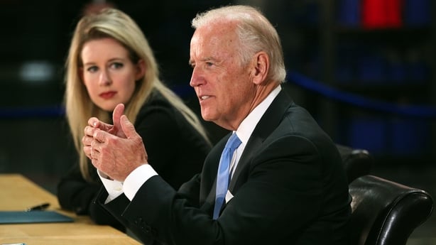 Then US vice president Joe Biden, pictured with Elizabeth Holmes, during a visit to Theranos manufacturing in Newark, California in 2015