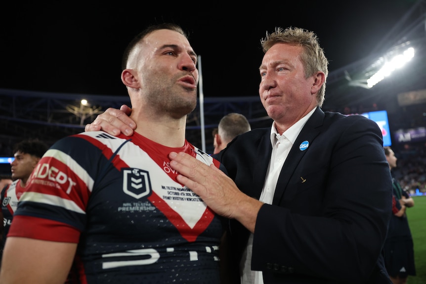 Trent Robinson and James Tedesco after Sydney Roosters won 2026 NRL grand final.