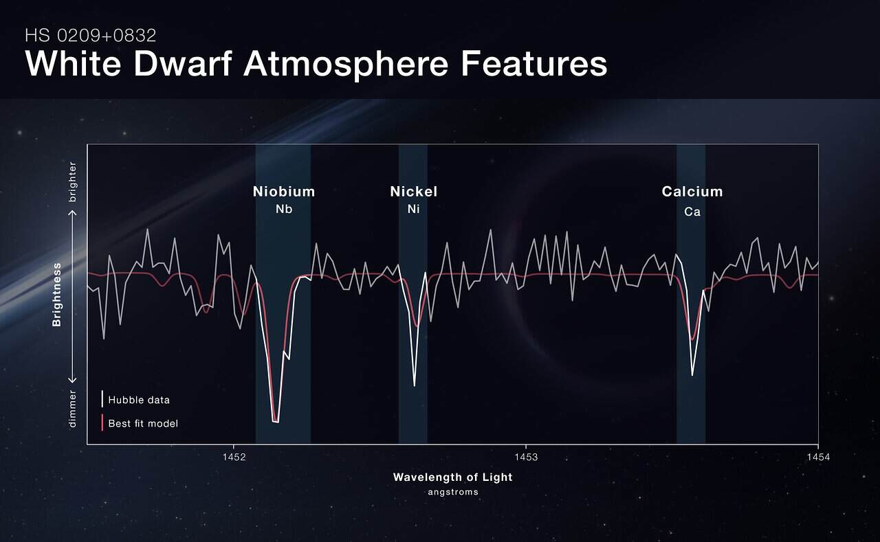 Este espectro do Telescópio Espacial Hubble (NASA/ESA) mostra as abundâncias incomuns de certos elementos detectados no sistema HS 0209+0832. As quedas na curva indicam onde o nióbio, o níquel e o cálcio estão absorvendo luz; portanto, menos luz dessa parte do espectro chegou ao Hubble.