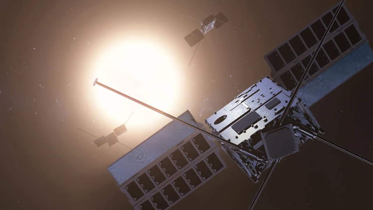 Ilustração da missão SunRISE com seis pequenos satélites em formação no espaço