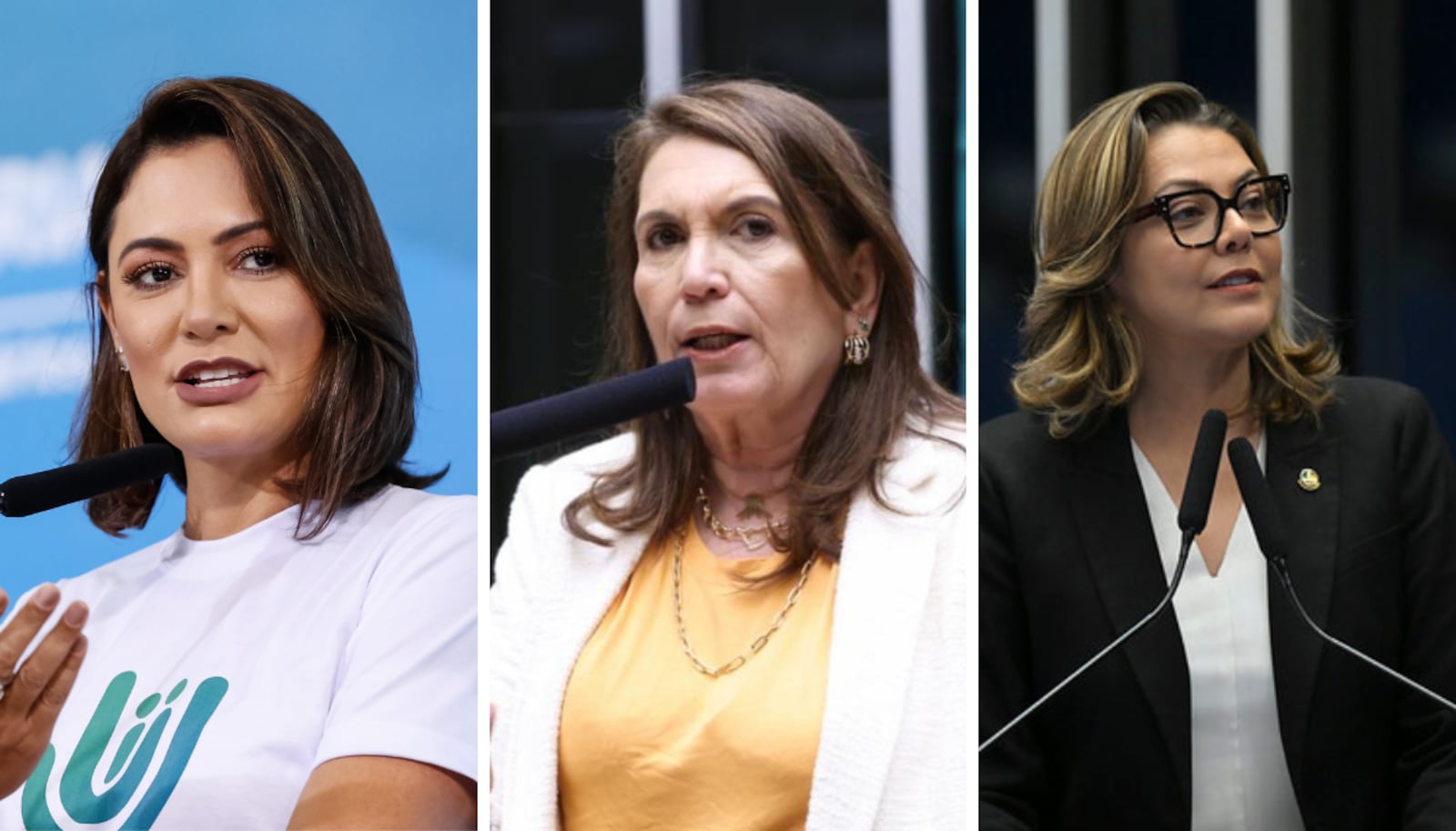 Michelle Bolsonaro aparece na liderança para o Senado no DF Montagem- Alan Santos/PR ; Kayo Magalhães/Câmara dos Deputados; Ton Molina/Agência Senado